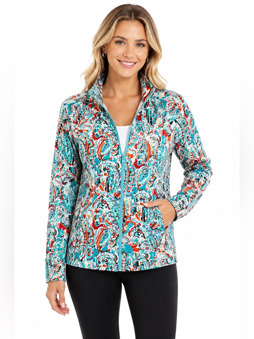 Belle by Kim Gravel Paisley Full Zip Jacket Size M Teal Orange Stretch